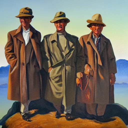 Prompt: three cayotes in a trench coat, oil painting