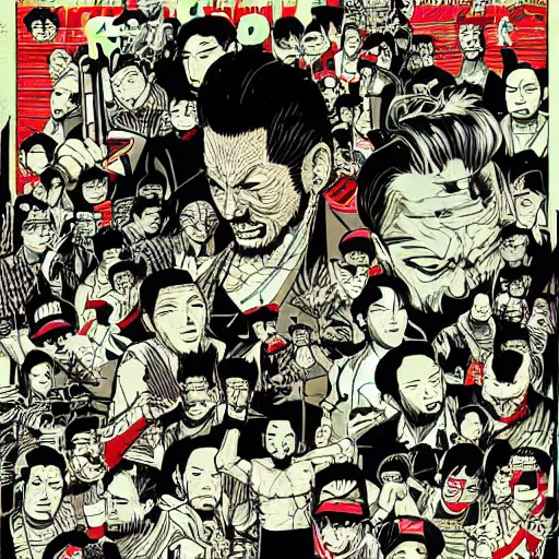 Prompt: yakuzas vs yokais in post-apocalyptic tokyo, illustration by Tyler Stout