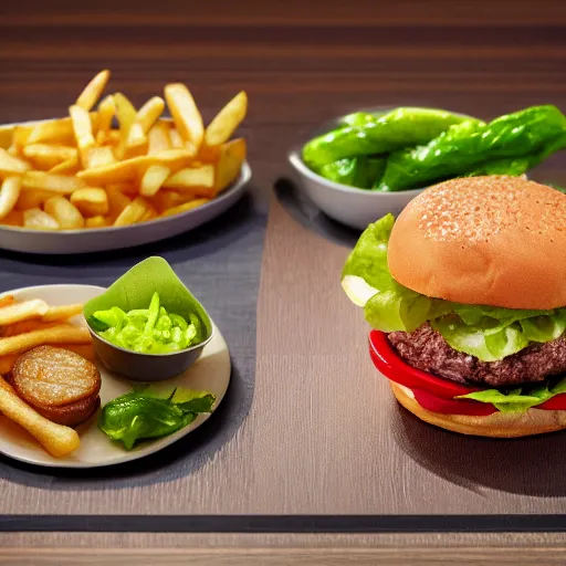 Prompt: Juicy hamburger and fries shot, double meat cheeseburger with letuce onion and tomato on 30mm, unreal engine