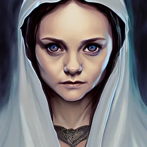 Image similar to young christina ricci as an elvish pope, digital illustration, by artgerm and greg rutkowski,