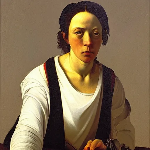 Prompt: A painting of Thunberg with a knife, dramatic lighting, painted by Caravaggio