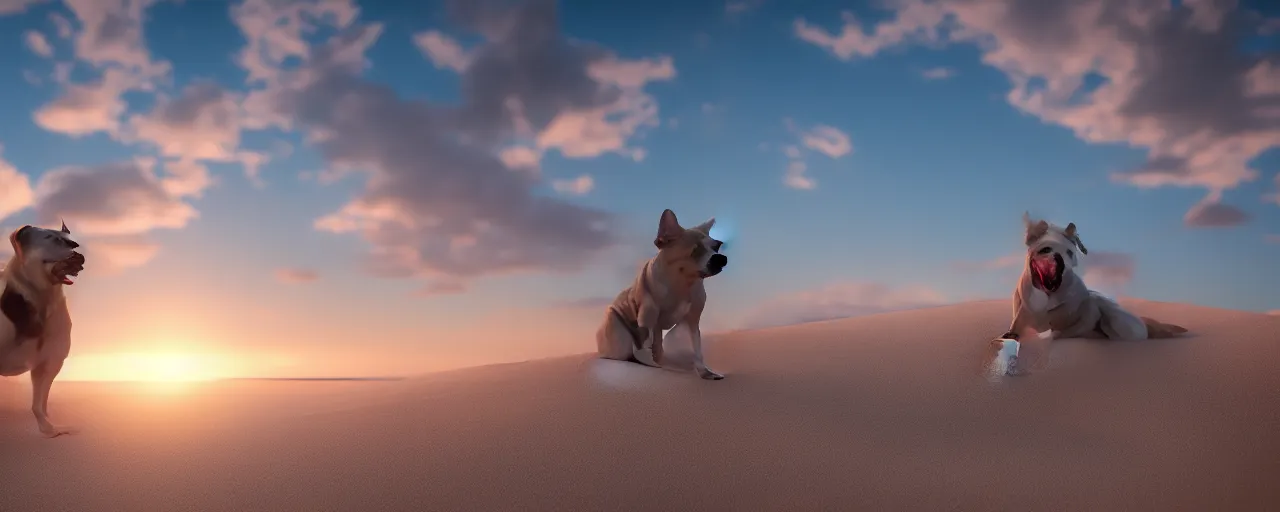 Image similar to Dogs play in the sand as the sunsets over the clear blue sea, cgsociety, octane render, artstationHD, artstationHQ, unreal engine, 4k, 8k