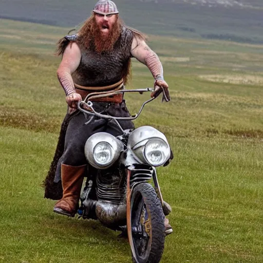 Prompt: viking on a one wheel