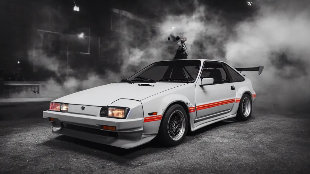 Image similar to a 1 9 8 3 takumi fujiwara's toyota ae 8 6 with carbon hood, cinematic, nikon d 7 5 0, long exposure, white balance, 8 k, led, lumen global illumination, fog, ray tracing reflections, fxaa, rtx, post - production