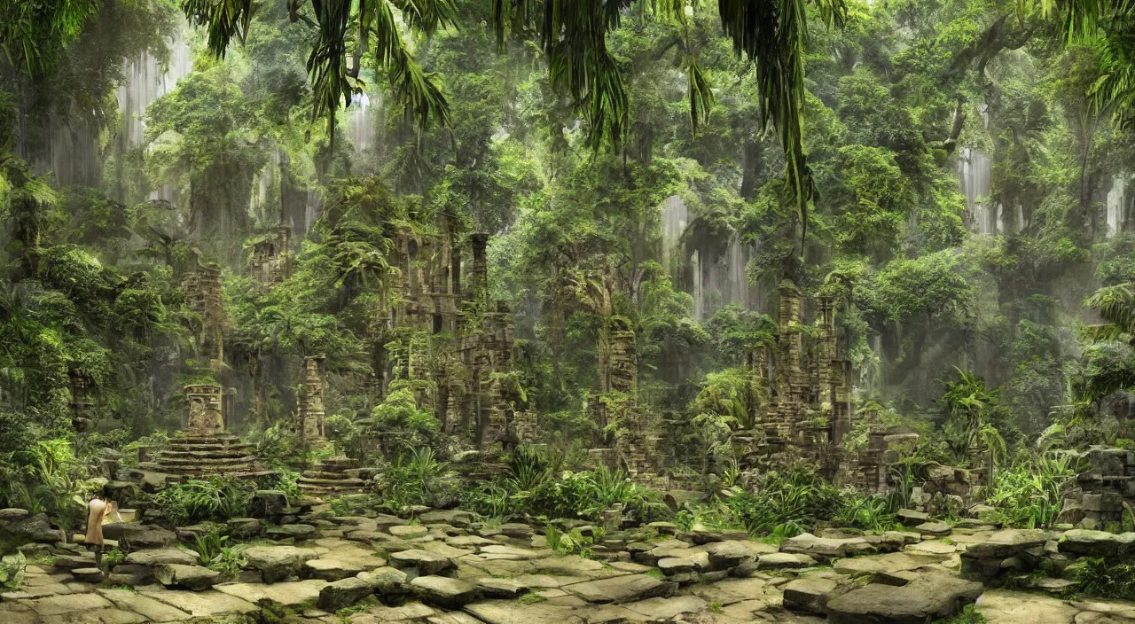 Image similar to ancient stone temple ruins at the end of a pathway next to a river in an overgrown rainforest, by roger dean, by syd mead, robert hubert, laurie lipton, detailed, realistic shadows, rendered in lumion, matte painting