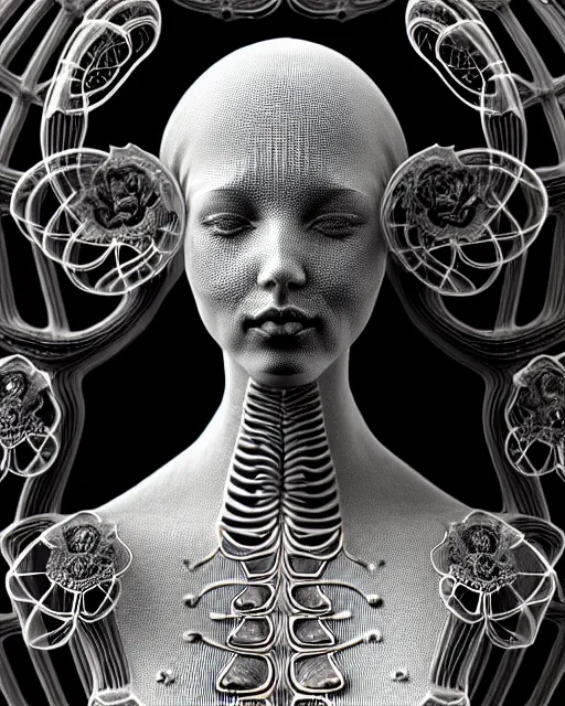 Image similar to mythical dreamy black and white organic bio - mechanical spinal ribbed profile face portrait detail of translucent steampunk beautiful female angelic - human - queen - vegetal - cyborg, highly detailed, intricate crystal ivy jelly ornate, poetic, translucent roses ornate, 3 d render, digital art, octane render, 8 k artistic photography, photo - realistic, by dora maar