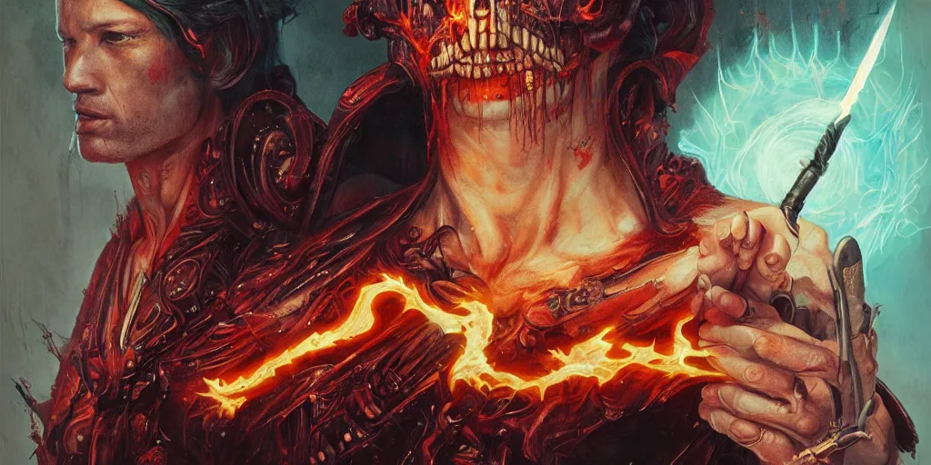 Prompt: portrait of Lucifer with a flaming sword ,8k,by tristan eaton,Stanley Artgermm,Tom Bagshaw,Greg Rutkowski,Carne Griffiths, Ayami Kojima, Beksinski, Giger,trending on DeviantArt,face enhance,hyper detailed,minimalist,cybernetic, android, blade runner,full of colour, super detailed