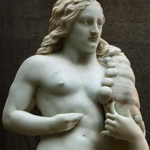 Prompt: a marble statue of a half fish half sausage divine being, aesthetic sculpture