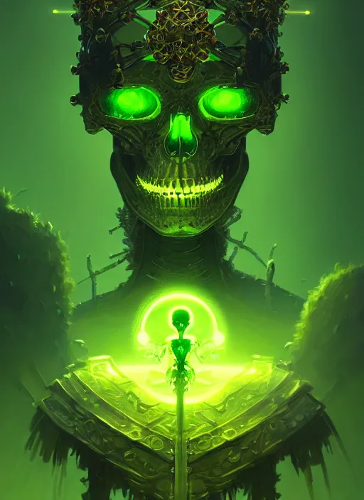 Image similar to portrait of a cyber skeleton, holding a glowing green crown of phantasmal swords, intricate, glowing lights, highly detailed, digital painting, artstation, concept art, smooth, sharp focus, illustration, art by wlop, mars ravelo and greg rutkowski