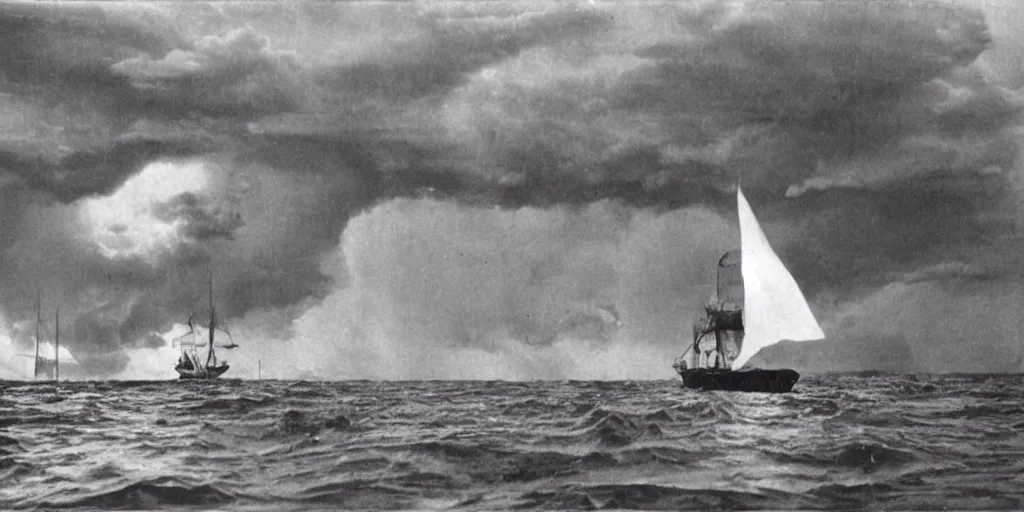 Image similar to a boat sailing in a thunderstorm where the clouds look like skulls, 1 9 0 0 s photograph