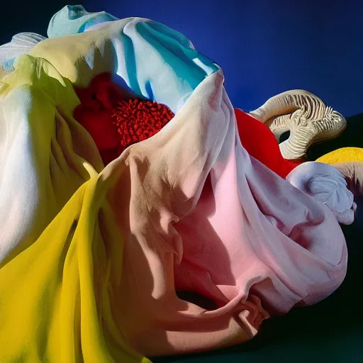 Prompt: colour glorious bizarre surrealist photographic masterpiece by ben zank and mono giraud and dorothea tanning, photo of many biomorphic still life objects draped in white cloaks, sunrise, max ernst, frederic leighton, roger dean, sam spratt, mark brooks, amano, greg hildebrandt, extreme close up - w 6 4 0