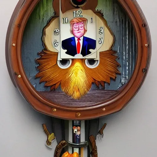Image similar to a cuckoo clock that looks like donald trump, artistic, high quality, trending on art station, colorful, amazing, funny