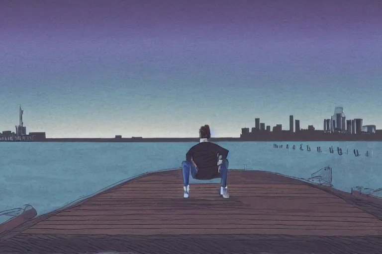 Image similar to A man sitting on a jetty, city in the background, cinematic lighting, copic markers