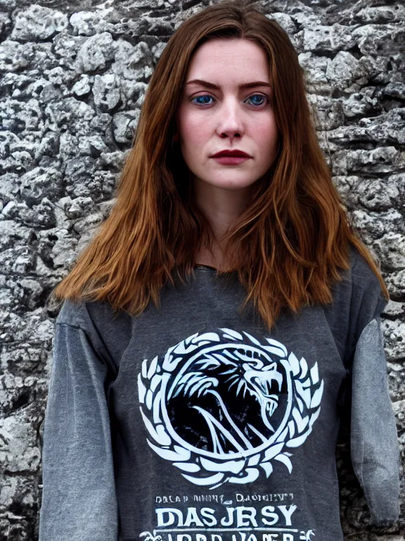 Prompt: hyperdetailed close shot of daisy edgar - jones, winds of winter, with ripped crop t - shirt with a logo, fine - face, pretty face