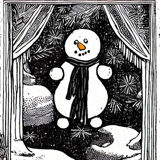 Prompt: victorian snowman illustration full page scan for greeting card by walter crane