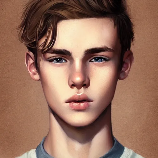 Image similar to teenage boy with brown blond short quiff hair and thin slightly round facial structure with cleft chin and bumpy nose with good definition of cheekbones and Alert brown eyes, narrow face, slim body, atmospheric lighting, painted, intricate, 4k, highly detailed by Charlie Bowater