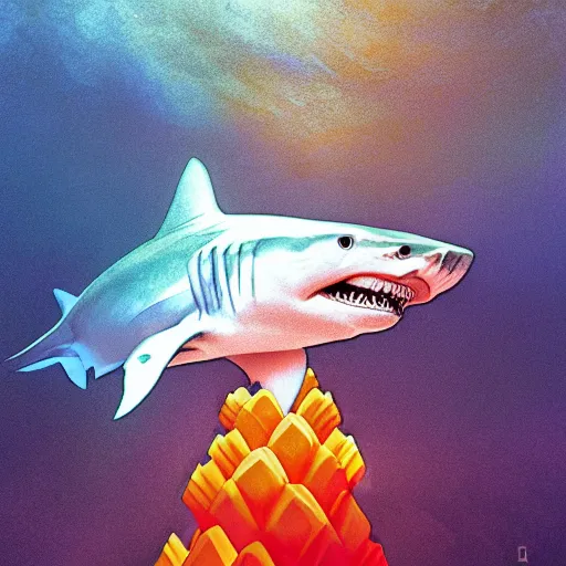 Prompt: great white shark, orange and white striped traffic cones as fins, underwater background detailed atmospheric - ron cheng & alphonse mucha, highly detailed, digital painting, ray tracing, concept art, illustration, smooth sharp focus, intricate, symmetry, artstation,