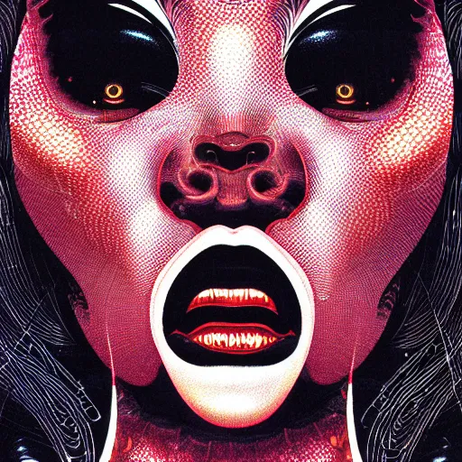 Image similar to portrait closeup of screaming black reflective glossy dark woman, sensual pose, symmetrical, glitches, snakes, by yoichi hatakenaka, masamune shirow, josan gonzales and dan mumford, ayami kojima, takato yamamoto, barclay shaw, karol bak, yukito kishiro, moebius