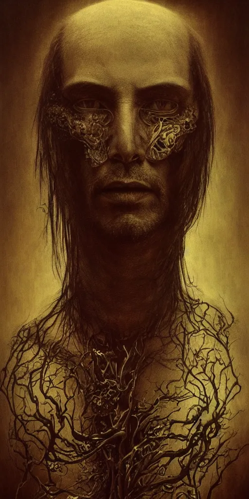 Image similar to portrait of keanu reeves, hyperdetailed, nightmare, abomination, ultrarealistic, by h. r. giger and zdislaw beksinski, science fiction, alien, religious art, mandelbrot fractal, trending on deviantart