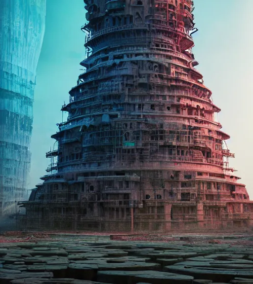 Image similar to colored, tarkovsky, majestic ancient tower of babylon city, a woman in cyber clothing, hyperrealistic, by ash thorp, full color, cyber architecture, intricate, corona render, concept art, hyper - detailed, smooth, masterpiece, epic, cinematic, high quality