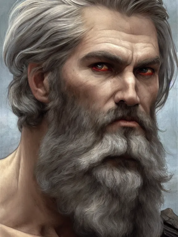 Prompt: painted portrait of rugged odin, god of war, nordic god, white hair, masculine, mature, handsome, upper body, grey and silver, muscular, hairy torso, fantasy, intricate, muscular, elegant, highly detailed, digital painting, artstation, concept art, smooth, sharp focus, illustration, art by gaston bussiere and alphonse mucha