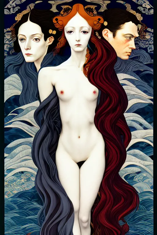 Image similar to a triad of winter muses, style blending æon flux, shepard fairey, botticelli, ivan bilibin, and john singer sargent, inspired by pre - raphaelites, shoujo manga, and harajuku fashion, stark landscape, muted dark colors, superfine inklines, ethereal, otherworldly, 4 k photorealistic, arnold render