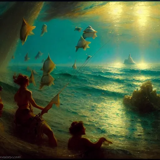 Image similar to point of view of deep in the ocean looking up, you see fishes, higher up you see the splendorous milk way illuminating the sea. highly detailed painting by gaston bussiere, greg rutkowski 8 k