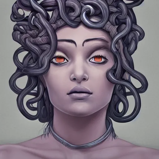 Image similar to medusa looking over shoulder, beautiful girl by Sam Yang