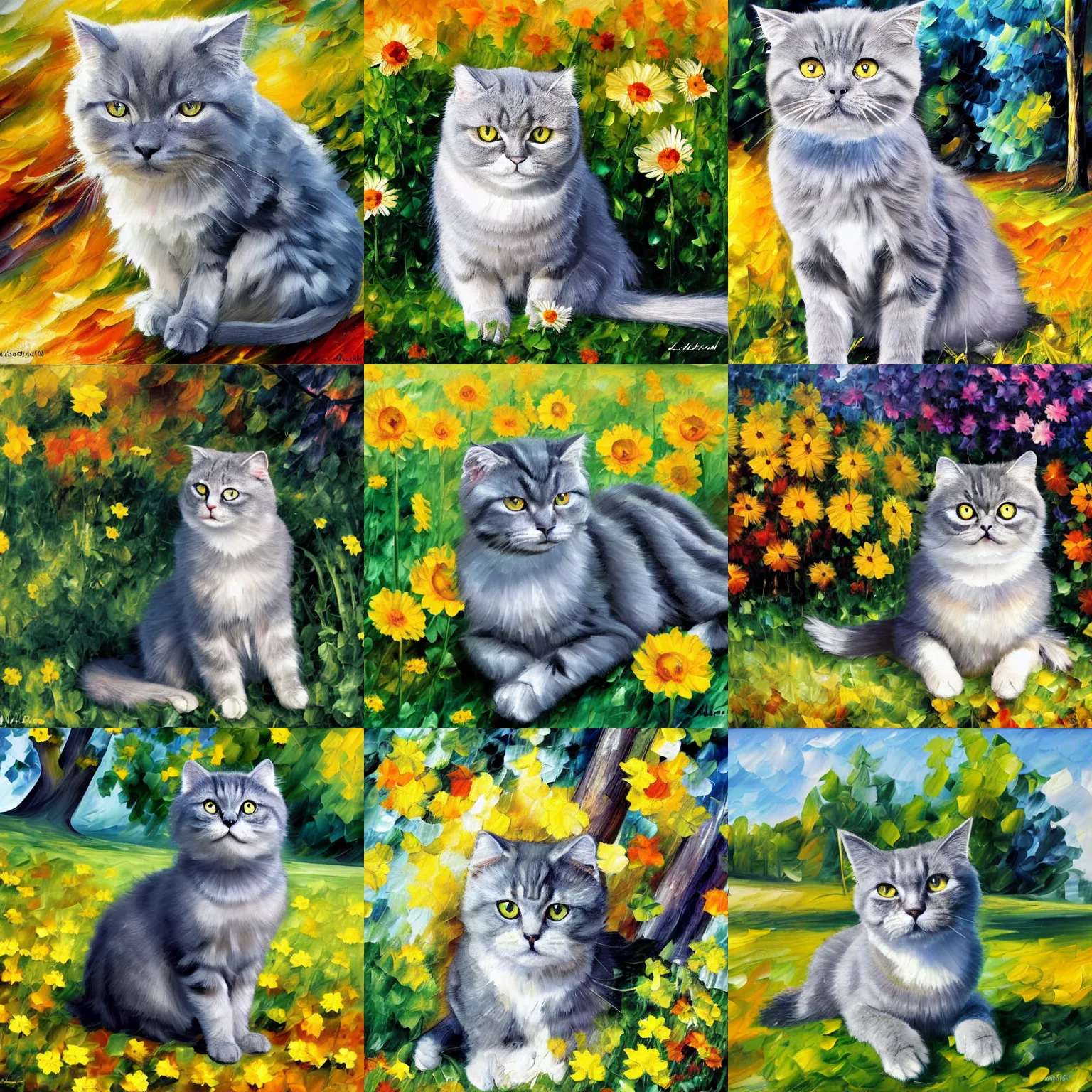 Prompt: a gray scottish fold cat, grey fur, yellow eyes, sitting in the middle of sunny meadow, by leonid afremov