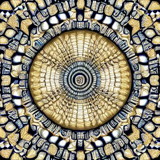 Image similar to three dimensional multilayered patterns inside a circle, intricate detail, complex, gold, silver, obsidian, white