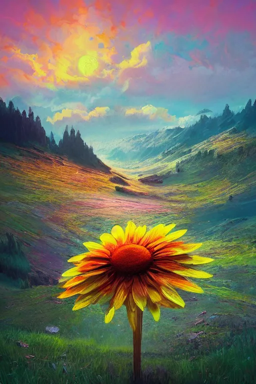 Prompt: giant daisy flower head, in the mountains, surreal photography, sunrise, dramatic light, impressionist painting, colorful clouds, digital painting, artstation, simon stalenhag
