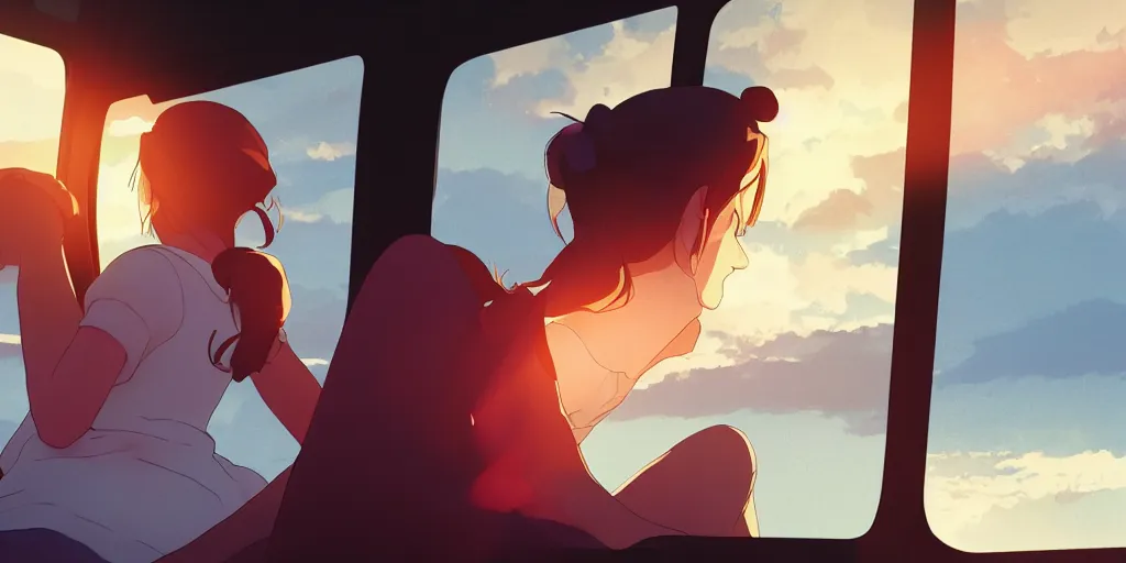 Prompt: Girl sitting in a window seat in a bus at sunset, cinematic lighting, style by Makoto Shinkai