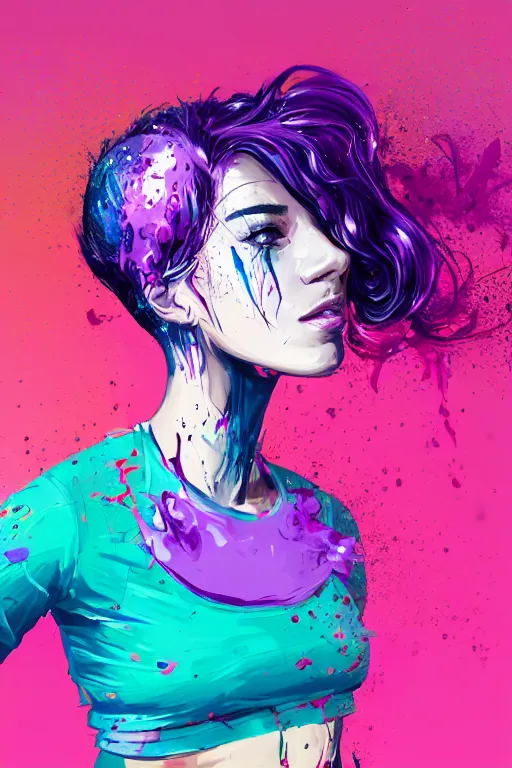 Prompt: a award winning half body portrait of a beautiful woman in a croptop and cargo pants with ombre purple pink teal hairstyle with head in motion and hair flying by wlop, paint splashes and splatter, outrun, vaporware, shaded flat illustration, digital art, trending on artstation, highly detailed, fine detail, intricate