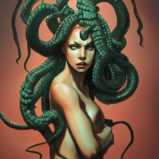 Image similar to medusa painting, comic style, seductive, dynamic lighting, artstation, detailed, blurred background