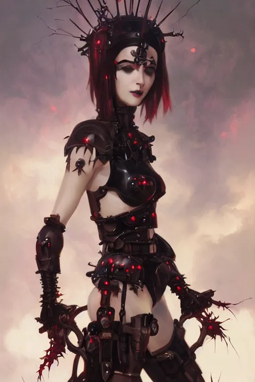 Prompt: Portrait of beautiful pale smiling cyborg goth anime maiden in bikini armor with crown of thorns and glowing red eyes, steampunc, Warhammer 40000, digital art from artstation by Ruan Jia and Mandy Jurgens and Artgerm and william-adolphe bouguereau