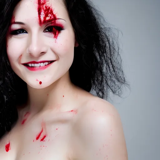 Image similar to professional headshot of an elegant female vampire smiling with droplets of blood splattered across her face. high resolution, realistic, professional lighting, nikon camera, 8 k, imdb. com