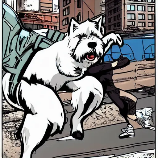 Prompt: giant westie rampaging through Seattle comic book style