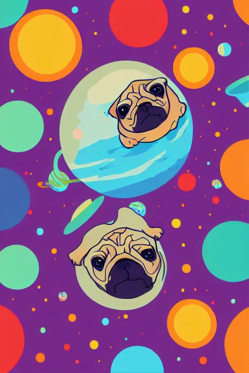 Image similar to planet pug floating in space, art by iktor miller gausa, sticker, colorful, illustration, highly detailed, simple, smooth and clean vector curves, no jagged lines, vector art, smooth