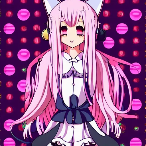 Image similar to digital card art of anime (cat) girl with cat ears surrounded by magic circles. Pink hue. Highly detailed. Beautiful