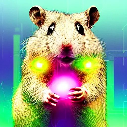 Image similar to cyberpunk hamster! holding rainbow! gem! crystal, neon lights, light reflection, 8 k, hd