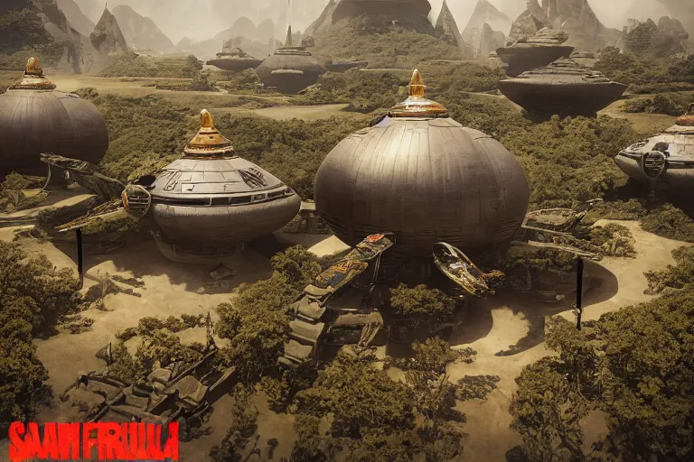 Prompt: black metallic spacecraft landing in mythical buddhist kingdom of shambhala, in the style of frank frazetta and star wars, ultra realistic, atmosphere glow, detailed intricate, colorful, cinematic lighting, unreal engine, god lighting