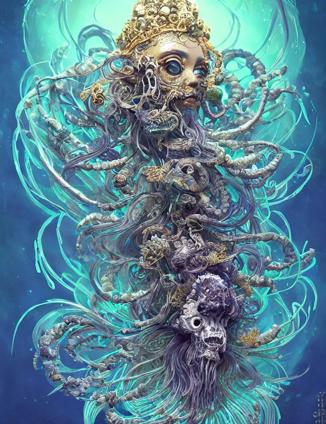 Image similar to goddess macro shouler portrait from bottom to top in crown made of ram skull. betta fish, jellyfish phoenix, bioluminiscent, plasma, ice, water, wind, creature, super intricate ornaments artwork by tooth wu and wlop and anato finnstark and greg rutkowski