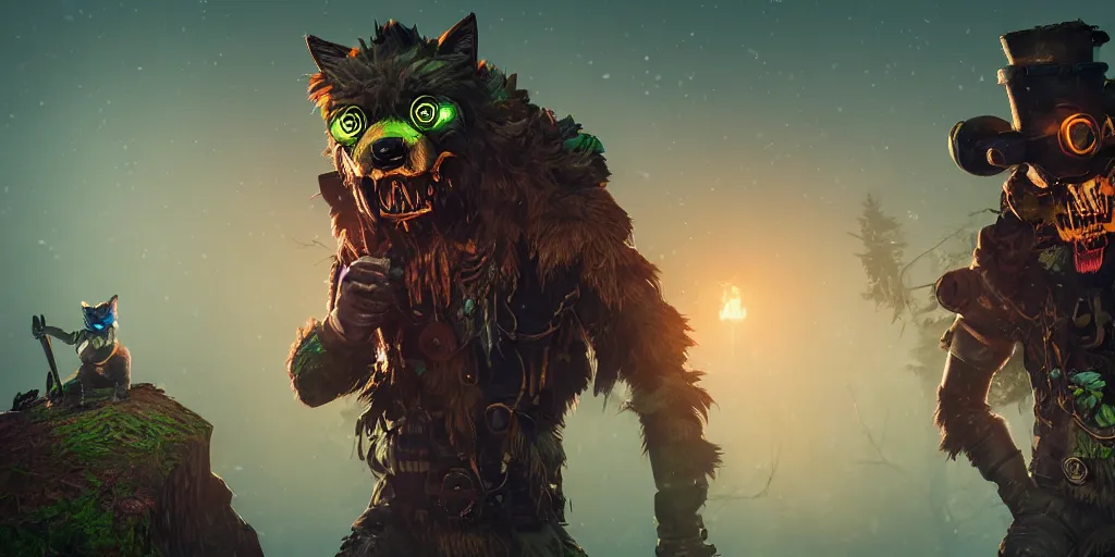 Image similar to woodsman wearing a steampunk and neonpunk mechanical fluorescent mystical animal mask in strange misty rocky landscape fight with werewolf, night, realism in style of fornite game, 4 k, octane render, award winning photograph, epic cinematic shot, perfectly defined features, ambient occlusion