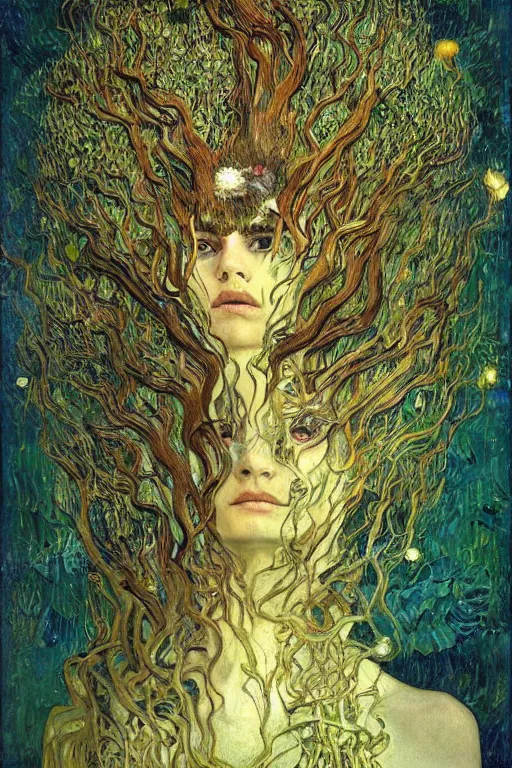 Prompt: Nature by Karol Bak, Jean Deville, Gustav Klimt, and Vincent Van Gogh, beautiful organic portrait, visionary, hair made of trees, verdant, life, botanicals, otherworldly, fractal structures, ornate gilded medieval icon, third eye, spirals