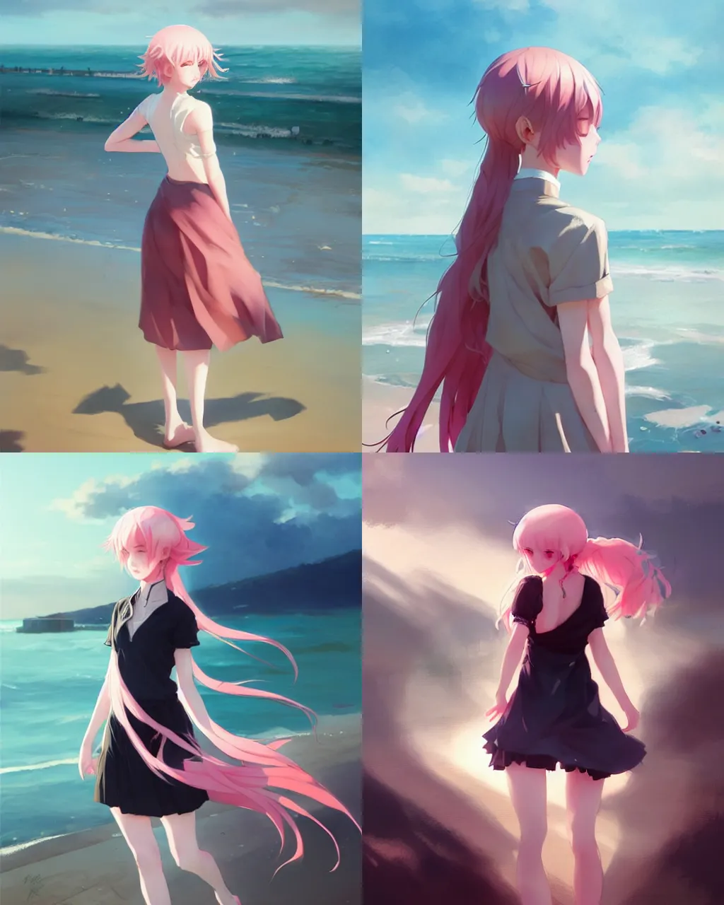 Prompt: a girl with pink hair and black skirt, at the seaside, a beautiful half body illustration, side backlight, perfect shadow, soft painting, reduce saturation, leaning towards watercolor, art by hidari and krenz cushart and wenjun lin