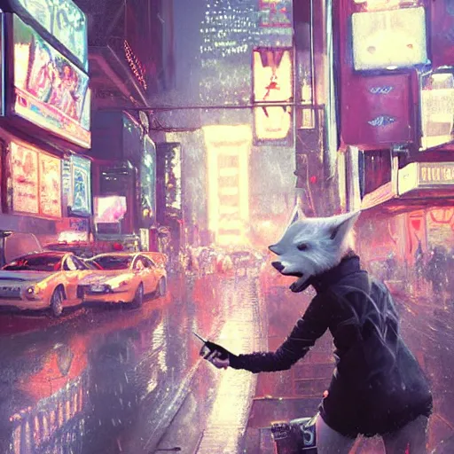 Image similar to white anthropomorphic female vulpes vulpes fulva, smoking a cigarette in the rain, in crowded and wet street of a city, cyberpunk, harsh neon lights, highly detailed, digital painting, trending on artstation, concept art, sharp focus, illustration, art by artgerm and greg rutkowski and magali villeneuve