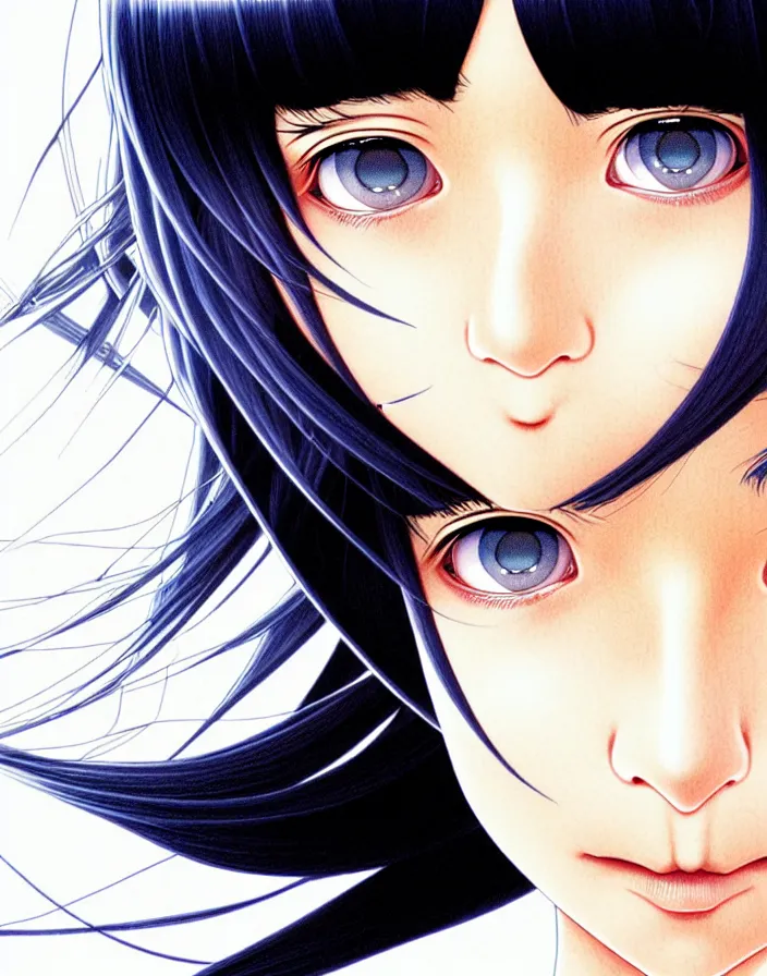 Prompt: extremely detailed color ink pen  illustration depicting an extreme close up face of a dainty young truant android female stoner prep highschool school student with medium length silky straight iridescent black hair and lightly suntanned skin, illustrated by Artgerm and Range Murata.