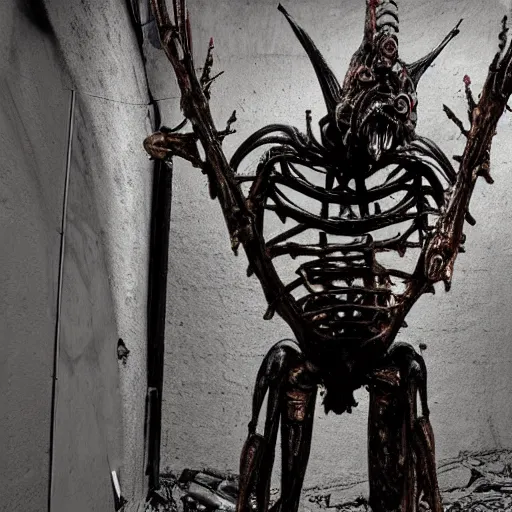 Image similar to a biomechanical tripedal creature designed by giger, horrifying, in an abandoned basement