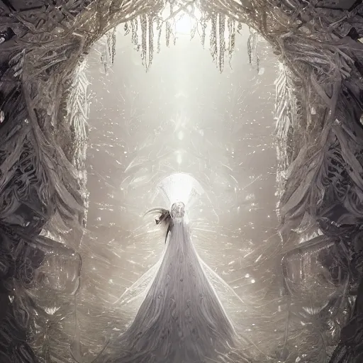 Image similar to under an white intricate like jewels epic forest suspended in the air upside down, a white pool with intricate epic circles of water within which float phantasmagoric female robots, dressed in intricate veils and jewels, epic environment, matte painting, diffused lighting, highly detailed, cinematic, epic atmosphere, digital art, trending on artstation, wide angle