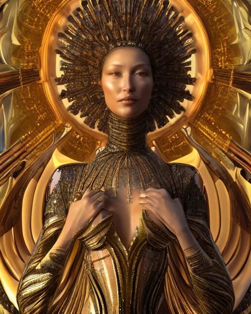 Image similar to a highly detailed metahuman 4 k close up render of an alien goddess bella hadid monument renaissance in iris van herpen dress schiaparelli in diamonds crystals swarovski and jewelry iridescent in style of alphonse mucha gustav klimt trending on artstation made in unreal engine 4